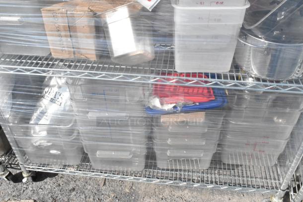 Chrome 4-tier wire shelving with poly bins and ingredient containers. Dismantling required. Consider freight fees.
