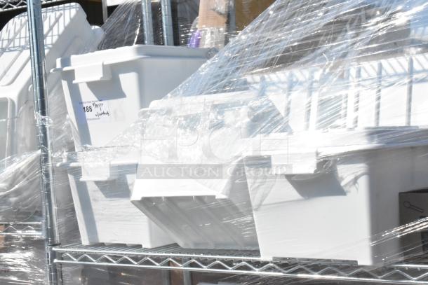Chrome 4-tier wire shelving with contents, including white ingredient bins. Buyer must dismantle. Consider freight charges.