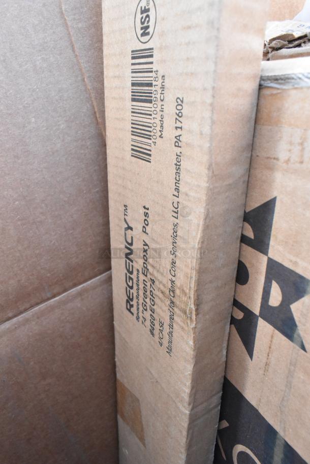 Cardboard boxes labeled "REGENCY 74-inch Green Epoxy Post" with barcode 40001009184, made in China.