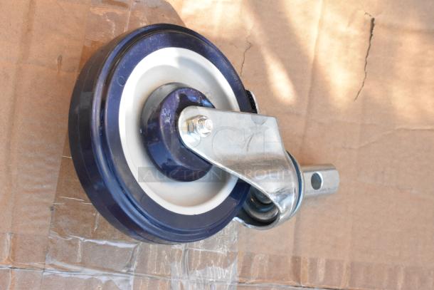 Lot of 4 commercial casters, brand new with visible scratch and dent, blue and white wheels, metal mount.