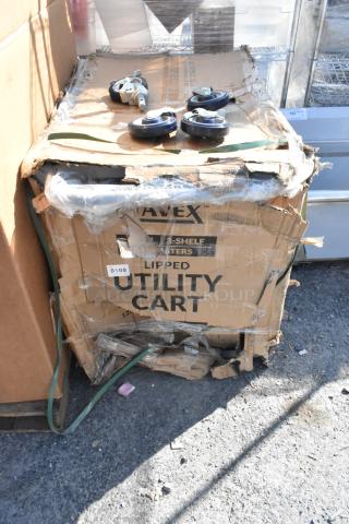 Brand new Lavex 257LSUC24363 steel utility cart, 36"x24"x35", in damaged packaging with wheels visible; scratch and dent condition.
