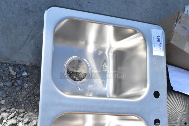 Stainless Steel Commercial 3 Bay Drop In Sink, brand new with visible scratches and dents, auction label shows quantity 1.