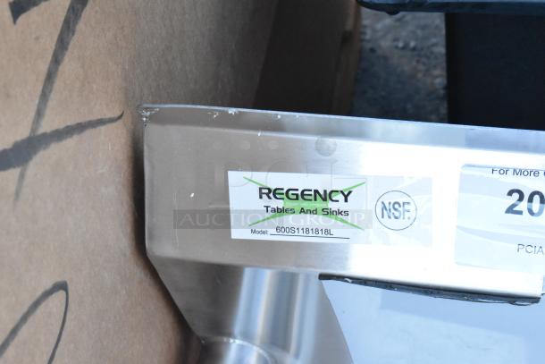 Regency stainless steel single bay sink, model 600S1181818L, with left drain board, brand new, minor dents, no legs.