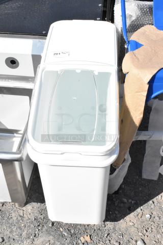 Baker's Lane 21 Gallon White Ingredient Bin, slant top with sliding lid and scoop. New condition, minor scratches. Model 176BIN21GL.