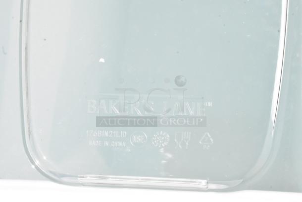 Baker's Lane 21 Gal white mobile ingredient bin, 176BIN21GL model. Includes sliding lid, scoop. Marked "Made in China."