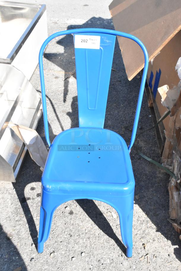 Blue Bar Height Tolix Style Chair, scratch and dent, brand new. Metal construction. Label: "202 QTY 1".