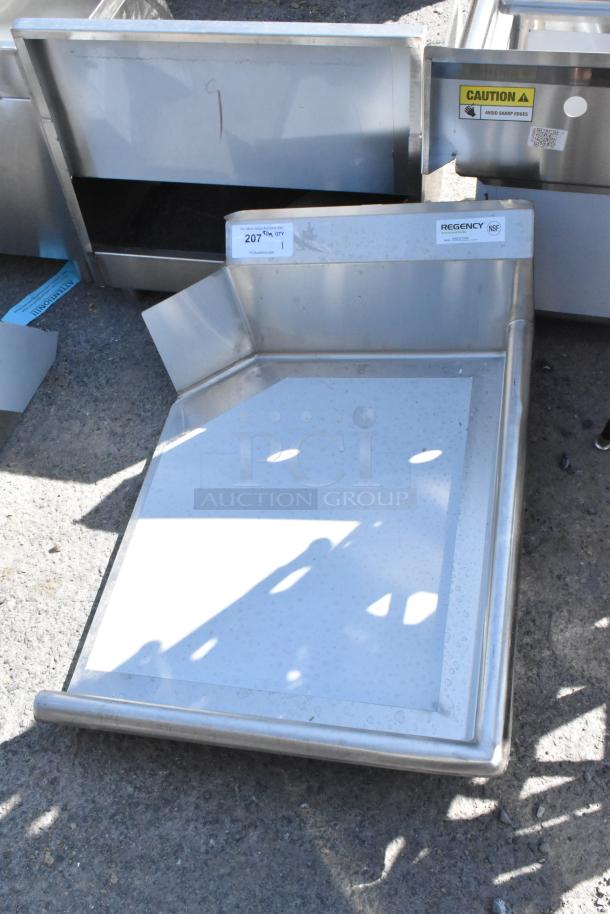 Brand new Regency 600CDT24R 2' clean dish table with right drainboard. 16-gauge stainless steel, no legs, scratch and dent label.