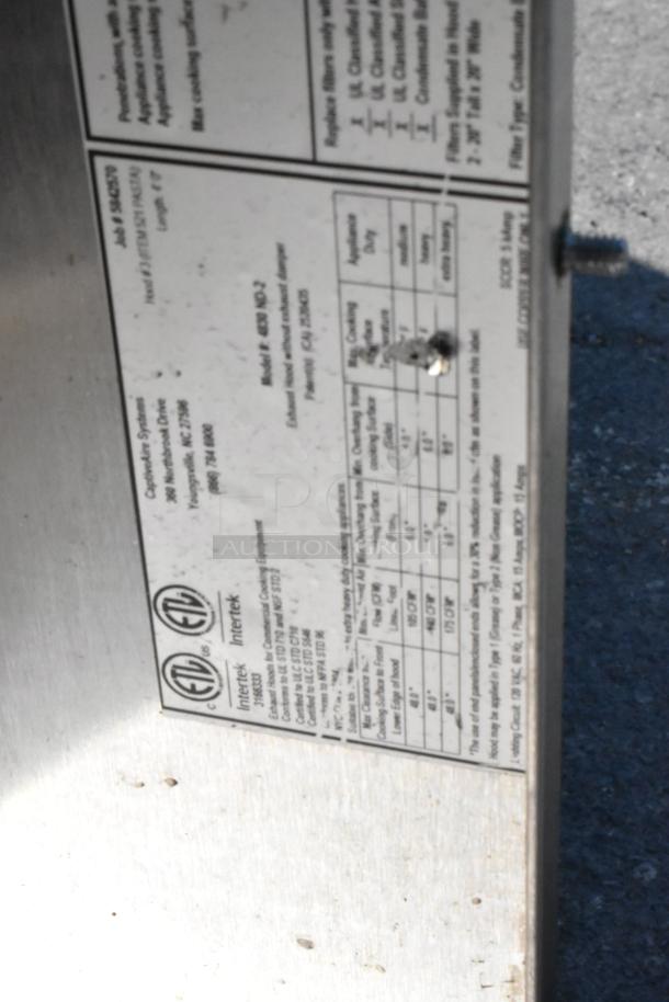 4' CaptiveAire 4830 ND-2 stainless steel commercial grease hood with make-up air vent, featuring label with model specs.