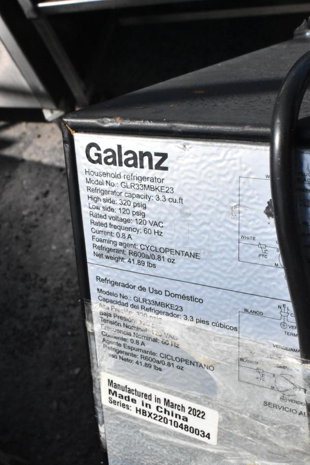 Galanz refrigerator model GLR33MBKE23 label, 3.3 cu.ft capacity, 120V, made in March 2022, series HBX22010480034.