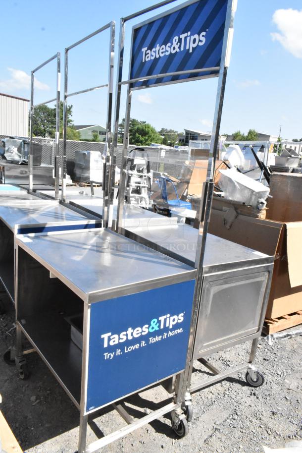 Stainless steel cart with under shelf, commercial casters, and "Tastes & Tips" branding displayed.