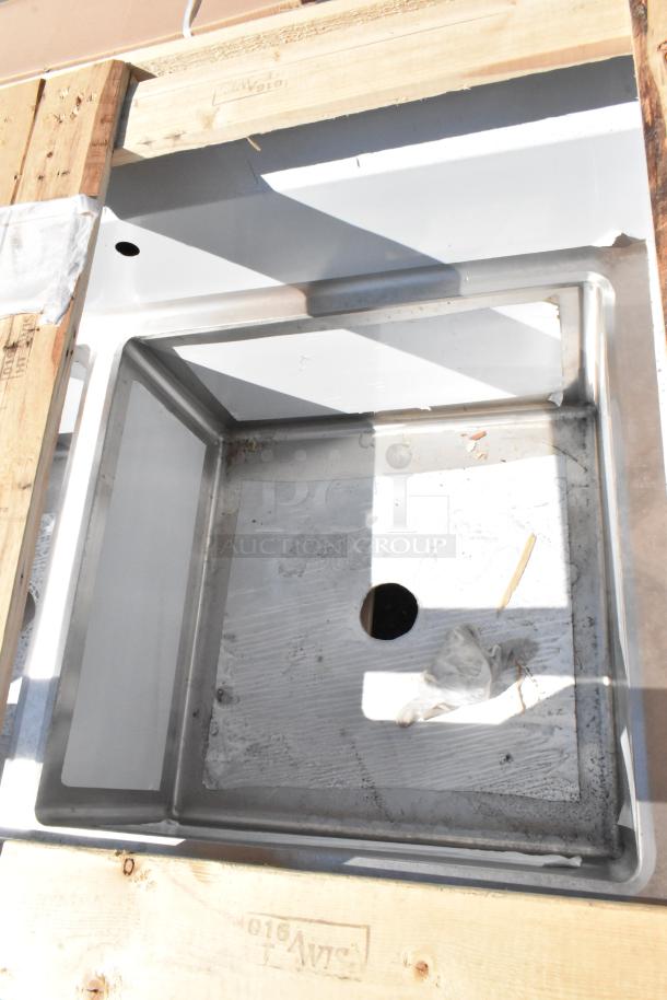 Brand new Elkay 1-32126X24-2-24 stainless steel commercial 3-bay sink with dual drain boards, unassembled in crate.