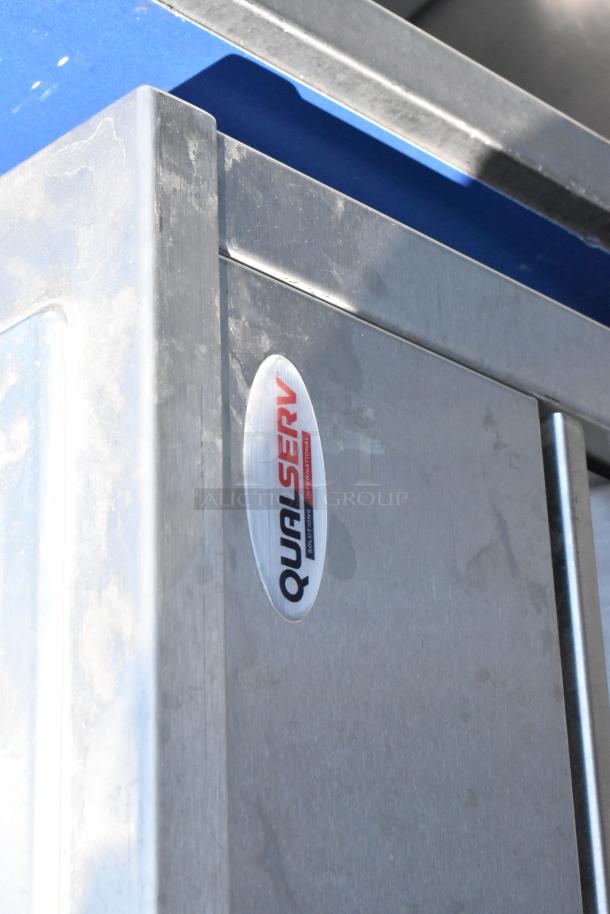 QualServ stainless steel commercial single bay sink on casters, featuring a visible QualServ logo.