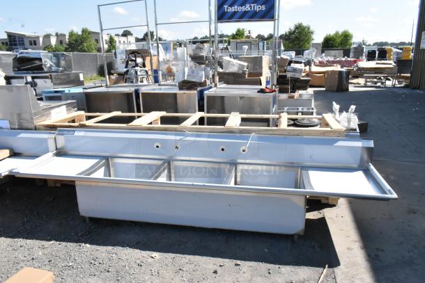 BRAND NEW Regency 600S3242424S 124" 14 Gauge Stainless Steel 3-Compartment Sink with 2 Drainboards, Scratch and Dent.