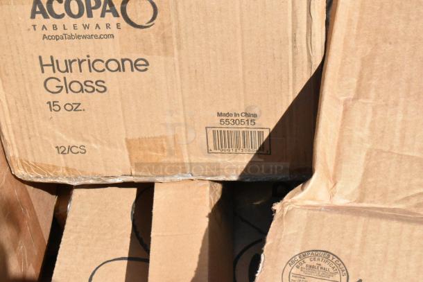 Cardboard box labeled "Acopa Hurricane Glass 15 oz, 12 per case." Box shows signs of wear.