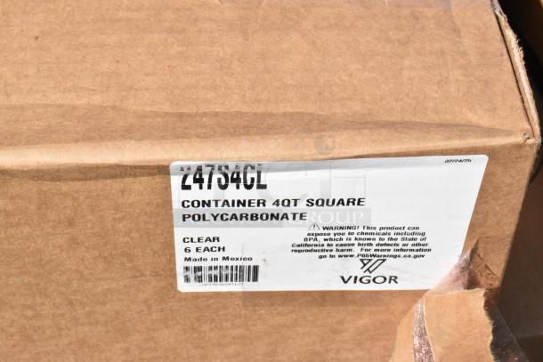 Cardboard box labeled "Vigor Container 4QT Square Polycarbonate." Contains six clear units, made in Mexico. Warning on BPA.