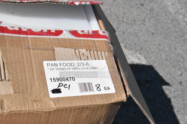 Cardboard box labeled "Pan Food 2/3-6 DP Trans PP with Lid & Label," item code 15900470, containing 8 units.