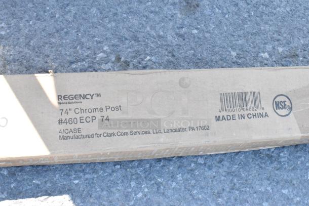 Regency 460ECP74 74" NSF Chrome Post in packaging, labeled "Made in China," for Clark Core Services. Brand new, scratch and dent condition.
