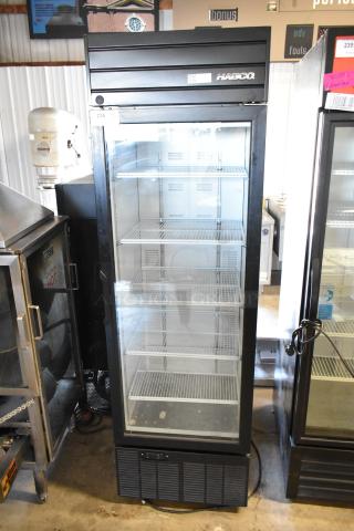 2019 Habco SE18 metal commercial single door reach-in cooler merchandiser with poly-coated racks, 115V, 1 phase.