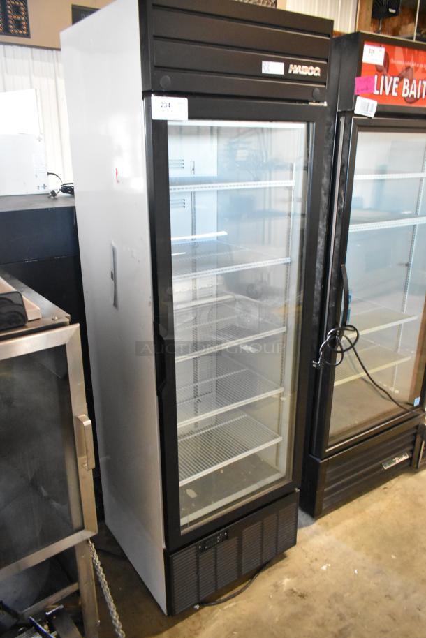 2019 Habco SE18 metal commercial cooler, single door, poly-coated racks, 115V, 1 phase, with brand logo on front.