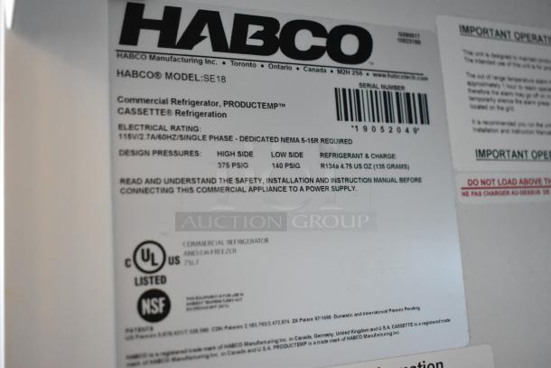Label of 2019 Habco SE18 commercial cooler, detailing model, 115 volts, 1 phase, R134a refrigerant. UL and NSF listed.