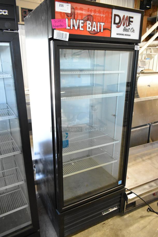 2023 Treu GDM-26-HC commercial cooler with single glass door, poly-coated racks, 115V, 1-phase, "Live Bait" signage.