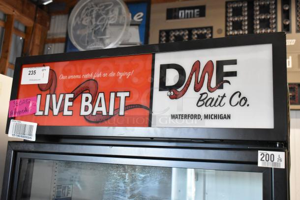 2023 Treu GDM-26-HC Cooler with single glass door, poly-coated racks. Displaying "Live Bait" signage. 115 Volts, 1 Phase.