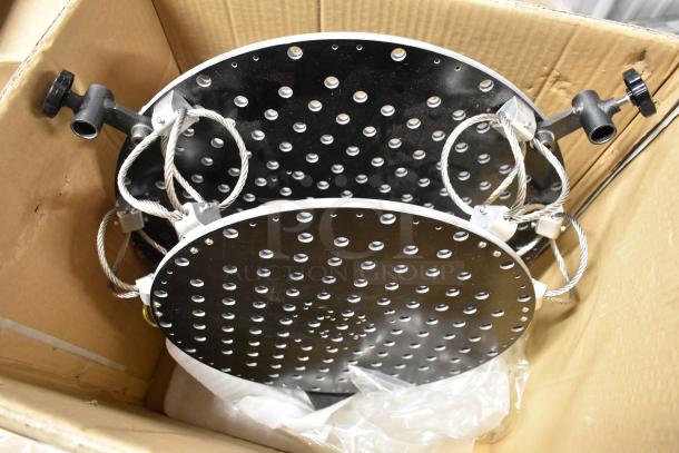 Perforated 2 Tier Unit, metal with circular holes, support cables, adjustable knobs. New condition in cardboard box.