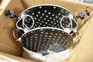 Perforated 2 Tier Unit, metal with circular holes, support cables, adjustable knobs. New condition in cardboard box.