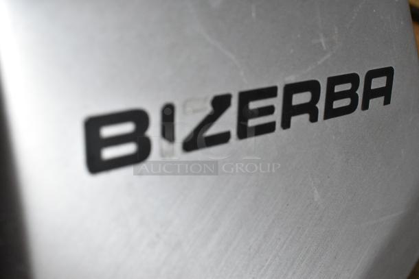 Bizerba GSP H metal commercial meat slicer, showing brand logo. 120 volts, 1 phase. Ideal for countertop use.