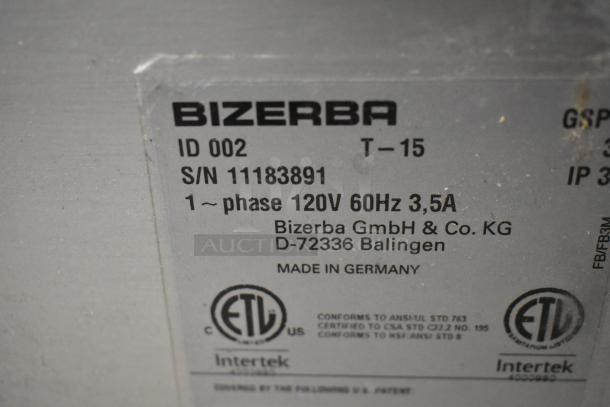 Bizerba GSP H commercial meat slicer label showing model, voltage, and certifications. Made in Germany.