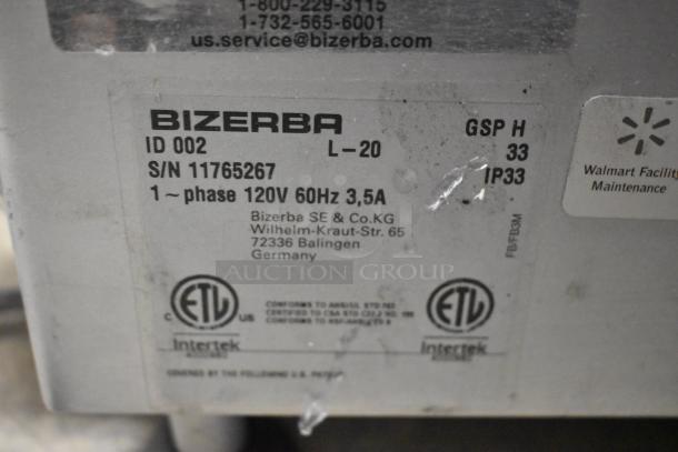 2020 Bizerba GSP H metal meat slicer label, 120V, 1 Phase, Model GSP H, serial number 11765267, ETL certified.