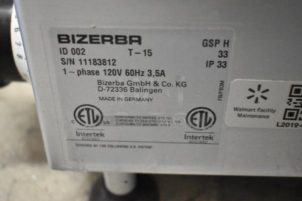 Bizerba GSP H commercial meat slicer label. Shows 120V, 1 phase, made in Germany, ETL & Intertek certified.