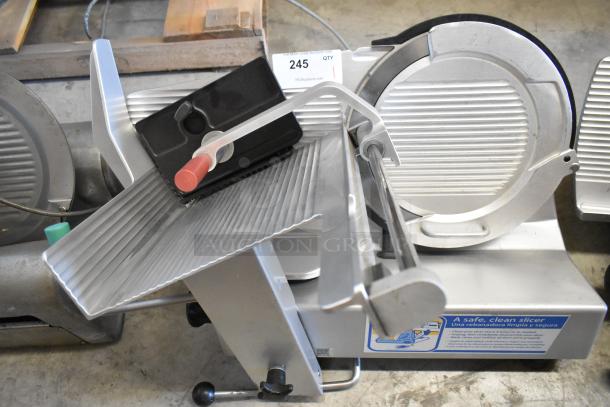2016 Bizerba GSP H metal commercial meat slicer, 120V, 1 phase, countertop design. Good condition with safety label visible.