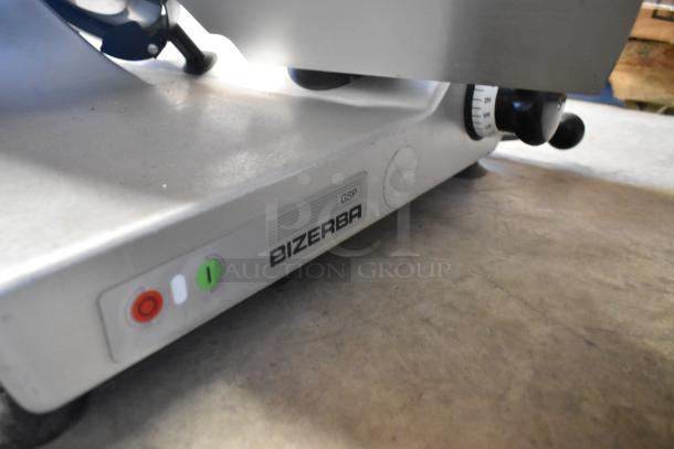 2016 Bizerba GSP H commercial meat slicer, metal build, 120V, 1-phase, featuring on/off buttons and model label on base.