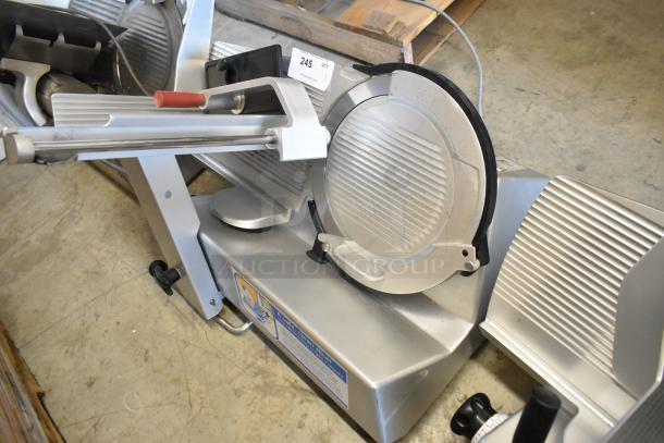 2016 Bizerba GSP H commercial meat slicer, metal, countertop model, 120V, 1-phase, in good condition, clear safety labels.
