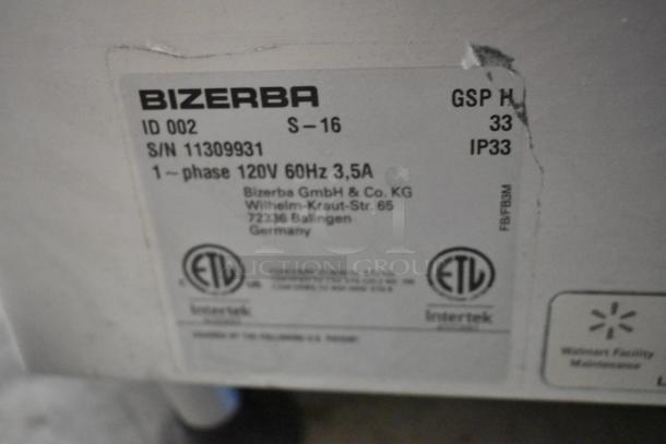 2016 Bizerba GSP H Metal Commercial Meat Slicer label; 120V, 1 phase, shows serial number and certifications.