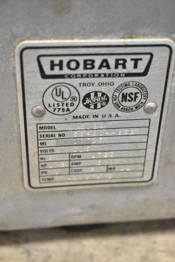 Hobart 1612E commercial meat slicer label, showing model, serial number, and specifications, UL and NSF certified.