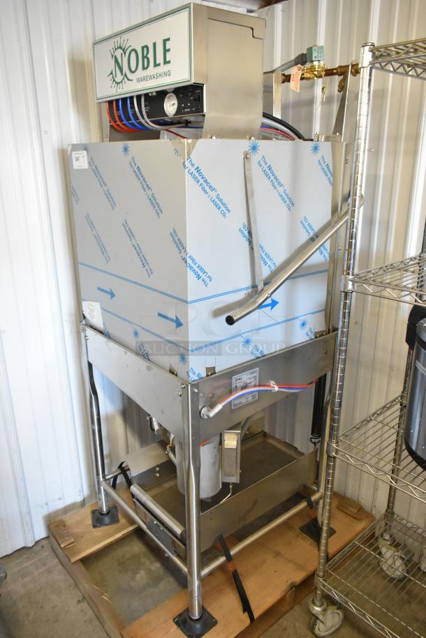 Alt Text: Noble Wareforce I-E stainless steel commercial dish machine; single rack, low temp, 115V. Brand new with minor dents.
