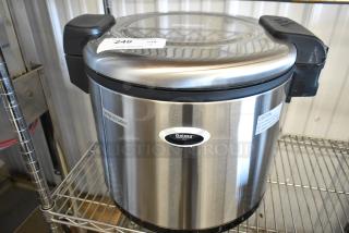 Brand new Galaxy 177RWG90 90-cup electric rice warmer, scratch and dent, 120 volts, 1 phase, stainless finish, "Caution: Hot Surface" label.