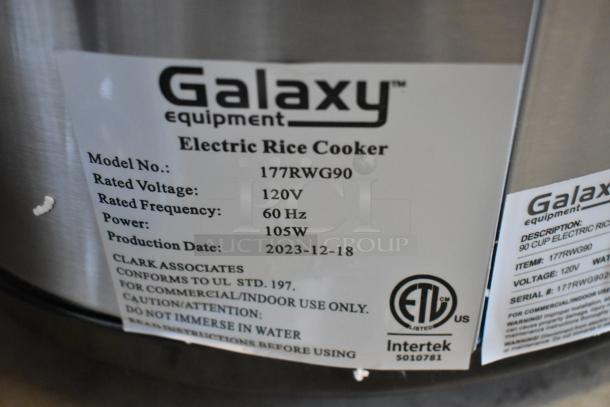 Brand new 2023 Galaxy 177RWG90 90 Cup Electric Rice Warmer, 120V, 1 Phase, with scratch and dent. Labels display model and specs.