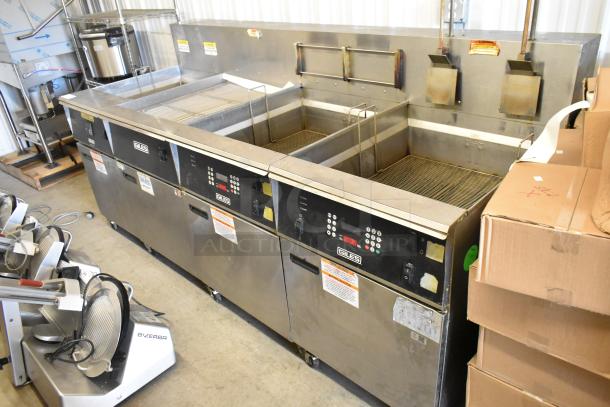 Giles EOF stainless steel commercial 3 bay fryer with dumping station, on casters, electric, 480V, used condition.