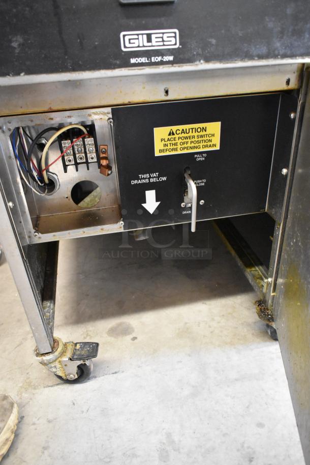 Giles EOF stainless steel commercial deep fat fryer with dumping station, 480V, on casters. Model EOF-20W, used condition.