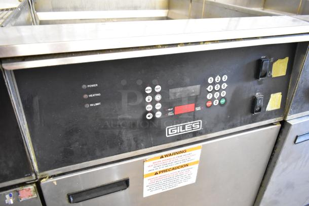 Giles EOF Stainless Steel 3 Bay Deep Fat Fryer with Dumping Station, commercial casters, 480V, control panel visible.