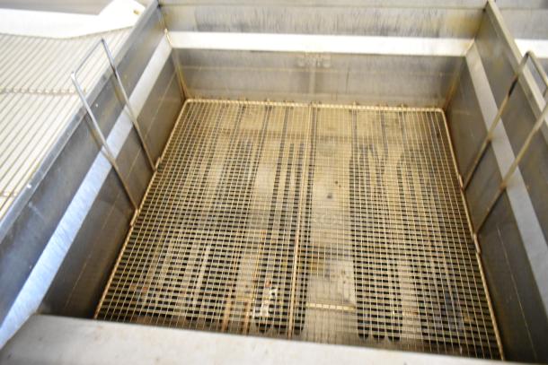 Giles EOF stainless steel 3-bay deep fat fryer with dumping station on commercial casters, 480 volts, clean condition.