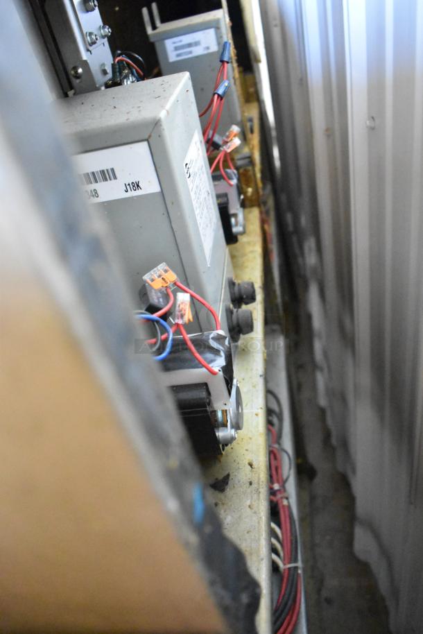 Giles EOF Stainless Steel Electric 3 Bay Fryer with dumping station on casters, wiring and labels visible. 480V.