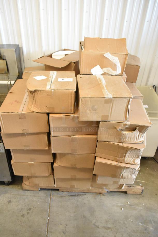 52 brand new boxes of 2 rolls of 3"x3" TCDT-7250 blank labels, stacked on a pallet, various box conditions.