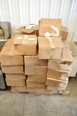 52 brand new boxes of 2 rolls of 3"x3" TCDT-7250 blank labels, stacked on a pallet, various box conditions.