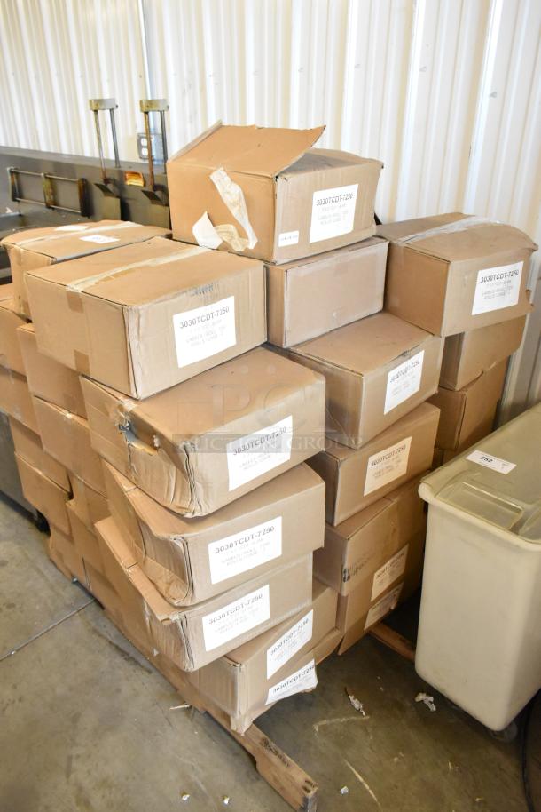 52 boxes of 3030TCDT-7250 labels, each with 2 rolls of 3"x3" blank labels, brand new, stacked on pallet.