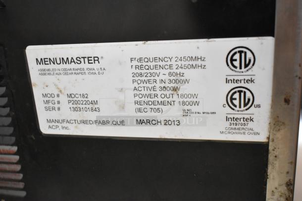 Menumaster MDC182 stainless steel microwave label showing specs: 208/230V, 1 phase, 3000W, manufactured March 2013.