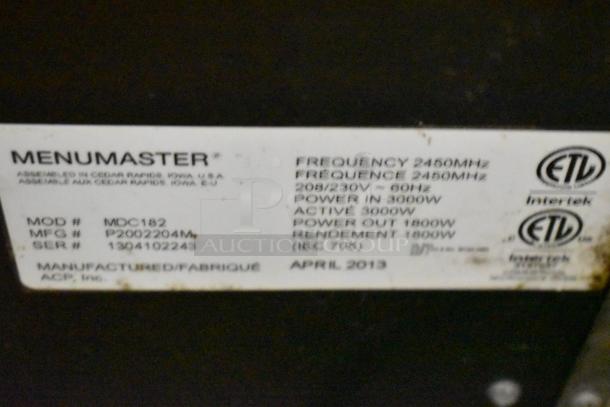Menumaster MDC182 stainless steel commercial microwave oven label, showing 208/230V, 1 phase, April 2013 manufacture.